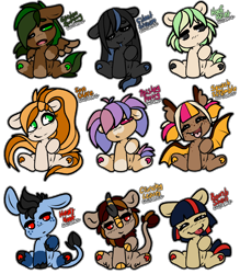 Size: 3942x4500 | Tagged: safe, artist:sexygoatgod, derpibooru import, oc, oc only, oc:bomb shell, oc:crunchy leaves, oc:garden gummy, oc:heart hoof, oc:hoof paint, oc:paisley pretty, oc:silent stream, oc:squash scramble, oc:sun glare, pony, adoptable, female, male, simple background, transparent background