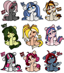 Size: 3942x4500 | Tagged: safe, artist:sexygoatgod, derpibooru import, oc, oc only, oc:autumn leaves, oc:bath time, oc:daisy duke, oc:fire light, oc:game glitch, oc:garden sprite, oc:heat lightning, oc:soft kisses, oc:velvet sheets, pony, adoptable, female, male, simple background, transparent background