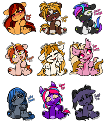 Size: 3942x4500 | Tagged: safe, artist:sexygoatgod, derpibooru import, oc, oc only, oc:clove oil, oc:crackle pop, oc:hyper pop, oc:laser energy, oc:late bloom, oc:pop song, oc:rose slip, oc:sun shine, oc:twist tie, pony, adoptable, female, male, simple background, transparent background