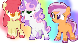 Size: 1199x666 | Tagged: safe, artist:pinkietwinkie12, derpibooru import, apple bloom, scootaloo, sweetie belle, earth pony, pegasus, pony, unicorn, g4, cutie mark crusaders, female, filly, foal, horn, simple background, transparent background, trio, trio female