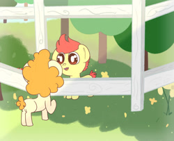 Size: 992x805 | Tagged: safe, artist:pinkietwinkie12, derpibooru import, bright mac, pear butter, earth pony, pony, g4, the perfect pear, brightbutter, colt, duo, duo male and female, female, fence, filly, foal, male, shipping, straight