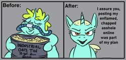 Size: 904x435 | Tagged: safe, artist:jargon scott, derpibooru import, whoa nelly, pony, unicorn, before and after, breathing tube, dialogue, female, food, horn, mare, nikocado avocado, oats, shaved head, solo, talking to viewer, vulgar, weight loss