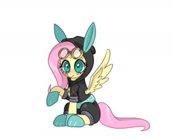 Size: 1675x1347 | Tagged: safe, artist:shagin_, derpibooru import, fluttershy, pegasus, pony, g4, clothes, costume, cute, dangerous mission outfit, goggles, goggles on head, hoodie, looking at you, raised hoof, raised leg, shyabetes, simple background, sitting, solo, spread wings, white background, wings