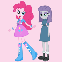 Size: 1080x1080 | Tagged: safe, alternate version, derpibooru import, editor:josephpatrickbrennan, maud pie, pinkie pie, human, equestria girls, g4, clothes, duo, duo female, female, open mouth, open smile, pink background, siblings, simple background, sisters, smiling