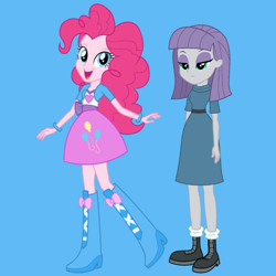 Size: 1080x1080 | Tagged: safe, alternate version, derpibooru import, editor:josephpatrickbrennan, maud pie, pinkie pie, human, equestria girls, g4, blue background, clothes, duo, duo female, female, open mouth, open smile, siblings, simple background, sisters, smiling