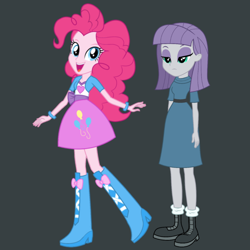 Size: 1080x1080 | Tagged: safe, alternate version, derpibooru import, editor:josephpatrickbrennan, maud pie, pinkie pie, human, equestria girls, g4, clothes, dark gray background, duo, duo female, female, gray background, open mouth, open smile, siblings, simple background, sisters, smiling, solo