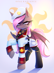 Size: 2229x3000 | Tagged: safe, artist:opal_radiance, derpibooru import, oc, oc only, oc:wintergleam, bat pony, commission, gradient background, solar empire, solar uniform, solo