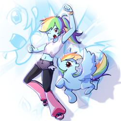 Size: 2048x2048 | Tagged: safe, artist:izuchi, derpibooru import, rainbow dash, human, pegasus, pony, equestria girls, g4, duality, female, human ponidox, mare, multicolored hair, rainbow hair, self paradox, self ponidox, zoom layer