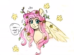 Size: 1911x1420 | Tagged: safe, artist:arxielle, artist:kiiremi, derpibooru import, fluttershy, pegasus, pony, g4, buttercup, dialogue, female, flower, flower in hair, implied big macintosh, implied fluttermac, implied shipping, implied straight, looking at you, mare, simple background, smiling, smiling at you, solo, speech bubble, white background