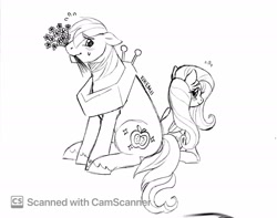 Size: 1831x1443 | Tagged: safe, artist:arxielle, artist:kiiremi, derpibooru import, big macintosh, fluttershy, earth pony, pegasus, pony, g4, bouquet, duo, duo male and female, emanata, female, flower, fluttermac, grayscale, male, mare, monochrome, plewds, shipping, simple background, size difference, stallion, straight, sweat, sweatdrops, white background