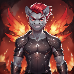 Size: 2400x2400 | Tagged: safe, ai content, derpibooru import, generator:pony diffusion v6 xl, generator:stable diffusion, machine learning generated, oc, oc only, oc:raven blood, anthro, pegasus, armor, cave, fire, front view, gray coat, hell, looking at you, prompter:infernum, red eyes, red mane, smiling, smirk