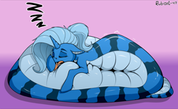 Size: 2600x1600 | Tagged: safe, artist:rubiont, derpibooru import, oc, oc only, oc:triksa, lamia, original species, coiling, coils, comfy, eyes closed, fat, fat tail, gradient background, onomatopoeia, open mouth, sleeping, sleeping on a belly, snooze, solo, sound effects, tail, tongue, tongue out, zzz