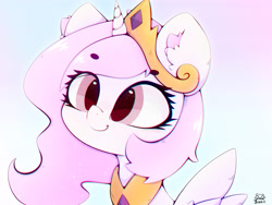 Size: 4000x3000 | Tagged: safe, alternate version, artist:zokkili, derpibooru import, princess celestia, alicorn, pony, g4, alternate character, beanbrows, cewestia, crown, cute, cutelestia, ear fluff, ears, eye clipping through hair, eyebrows, eyebrows visible through hair, female, filly, foal, high res, horn, jewelry, peytral, pink-mane celestia, regalia, signature, smiling, solo, spread wings, wings, younger