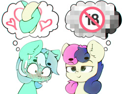 Size: 1000x760 | Tagged: safe, artist:zokkili, derpibooru import, bon bon, lyra heartstrings, sweetie drops, earth pony, pony, unicorn, g4, beanbrows, blush lines, blushing, duo, duo female, ear fluff, ears, eyebrows, eyebrows visible through hair, female, heart, holding hooves, horn, lesbian, lewd, lyrabon, mare, meme, ponified, ponified meme, shipping, simple background, smiling, sweat, sweatdrop, thought bubble, white background