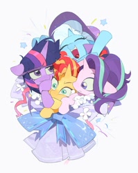 Size: 886x1115 | Tagged: safe, artist:bilidongdong, derpibooru import, starlight glimmer, sunset shimmer, trixie, twilight sparkle, twilight sparkle (alicorn), alicorn, pony, unicorn, g4, bouquet, counterparts, ears, female, floppy ears, flower, hooves in air, horn, mare, messy mane, open mouth, open smile, simple background, smiling, sunset shimmer is not amused, twilight sparkle is not amused, twilight's counterparts, unamused, white background