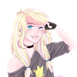 Size: 3000x3000 | Tagged: safe, artist:vieta, derpibooru import, oc, oc only, oc:leaenala, human, blonde, blonde hair, blue eyes, bracelet, bust, choker, clothes, collar, ear piercing, earring, eye clipping through hair, eyebrows, eyebrows visible through hair, female, fluffy hair, gloves, hair ribbon, human female, humanized, humanized oc, jewelry, long eyelashes, long hair, looking at you, multicolored hair, open mouth, open smile, piercing, pigtails, pink hair, ribbon, signature, simple background, smiling, smiling at you, solo, striped hair, three quarter view, two toned hair, white background, white hair