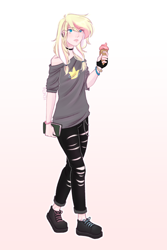 Size: 1998x3000 | Tagged: safe, artist:vieta, derpibooru import, oc, oc only, oc:leaenala, human, blonde, blonde hair, blue eyes, book, bracelet, chains, choker, clothes, collar, denim, ear piercing, earring, eye clipping through hair, eyebrows, eyebrows visible through hair, female, fluffy hair, food, full body, gloves, gradient background, hair ribbon, hoodie, human female, humanized, humanized oc, ice cream, jeans, jewelry, long eyelashes, long hair, looking at you, multicolored hair, pants, piercing, pigtails, pink hair, ribbon, signature, solo, standing, striped hair, three quarter view, two toned hair, white hair