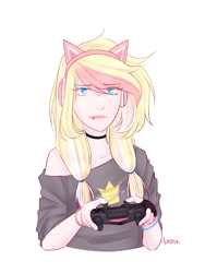 Size: 2160x2880 | Tagged: safe, artist:vieta, derpibooru import, oc, oc only, oc:leaenala, human, blonde, blonde hair, blue eyes, bracelet, bust, choker, clothes, collar, controller, ear piercing, earbuds, earring, eye clipping through hair, eyebrows, eyebrows visible through hair, female, fluffy hair, frown, gloves, hair ribbon, human female, humanized, humanized oc, jewelry, long eyelashes, long hair, looking at you, multicolored hair, piercing, pigtails, pink hair, ribbon, signature, simple background, smiling, solo, striped hair, three quarter view, two toned hair, white background, white hair