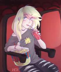 Size: 3000x3565 | Tagged: safe, artist:vieta, derpibooru import, oc, oc only, oc:leaenala, human, blonde, blonde hair, blue eyes, bracelet, bust, choker, cinema, clothes, coke, collar, drink, drinking, ear piercing, earring, eye clipping through hair, eyebrows, eyebrows visible through hair, female, fluffy hair, food, gloves, hair ribbon, human female, humanized, humanized oc, indoors, jewelry, long eyelashes, long hair, looking at you, multicolored hair, piercing, pigtails, pink hair, popcorn, raised eyebrows, ribbon, signature, sitting, smiling, smiling at you, soda, solo, striped hair, three quarter view, two toned hair, white hair