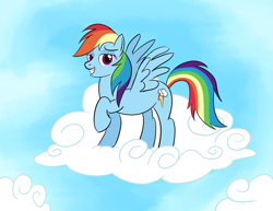 Size: 3300x2550 | Tagged: safe, anonymous artist, derpibooru import, rainbow dash, pegasus, pony, g4, clip studio paint, cloud, digital painting, faic, female, grin, looking at you, mare, raised hoof, raised leg, smiling, smug, smugdash, solo, spread wings, standing, wings