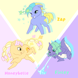 Size: 2048x2048 | Tagged: safe, artist:aztrial, derpibooru import, oc, oc only, oc:finley, oc:honeybelle, oc:zap, dragon, earth pony, pony, unicorn, 3d cutie mark, bow, braid, braided pigtails, braided tail, colored hooves, colored horn, dragon oc, dragonfire, earth pony oc, freckles, hair bow, hooves, horn, magic, non-pony oc, pigtails, tail, tail bow, unicorn oc