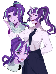 Size: 1620x2160 | Tagged: safe, artist:wumingshi61160, derpibooru import, starlight glimmer, human, anime style, clothes, female, horn, horned humanization, humanized, necktie, open mouth, open smile, simple background, skirt, smiling, solo, triality, white background