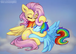 Size: 1414x1000 | Tagged: safe, artist:chaosangeldesu, derpibooru import, fluttershy, rainbow dash, pegasus, pony, cloud, duo, duo male and female, eyes closed, female, flutterdash, hug, lesbian, male, mare, shipping