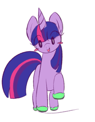 Size: 489x629 | Tagged: safe, artist:violavaquita, derpibooru import, ponerpics import, twilight sparkle, unicorn twilight, pony, unicorn, blush sticker, blushing, crocs, female, happy, horn, looking at you, mare, open mouth, open smile, png, raised hoof, raised leg, simple background, smiling, smiling at you, solo, thick horn, twilight crockle, white background