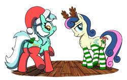 Size: 719x454 | Tagged: safe, artist:maretian, artist:truthormare, derpibooru import, bon bon, lyra heartstrings, sweetie drops, earth pony, pony, unicorn, collaboration, accessory, aggie.io, animal costume, antlers, blushing, bon bon is not amused, bow, chest fluff, chest tuft, christmas, clothes, cosplay, costume, duo, embarrassed, female, floor, fluffy, fluffy butt, frog (hoof), hat, headband, hearth's warming, holiday, horn, looking back, mare, mistletoe, mistletoe abuse, raised hoof, raised leg, raised tail, reindeer antlers, reindeer costume, santa hat, simple background, socks, striped socks, tail, tail bow, transparent background, unamused, underhoof, winter, winter coat, wooden floor