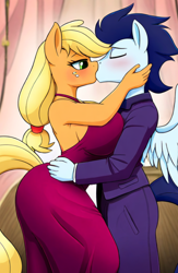 Size: 538x825 | Tagged: safe, ai content, derpibooru import, generator:novelai, generator:stable diffusion, machine learning generated, applejack, soarin', anthro, earth pony, pegasus, g4, applerack, big breasts, blushing, breasts, clothes, dress, duo, duo male and female, female, indoors, kissing, lowres, male, prompter:genderface, shipping, smiling, straight