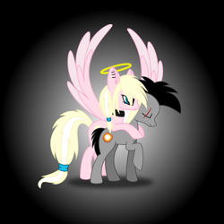 Size: 3000x3000 | Tagged: safe, artist:gitzomailru, derpibooru import, oc, oc only, oc:gitzo, oc:leaenala, earth pony, pegasus, pony, black hair, black mane, blonde, blonde hair, blonde tail, blue eyes, choker, collar, duo, ear piercing, earring, earth pony oc, eyelashes, feathered wings, female, fluffy hair, fluffy mane, fluffy tail, frown, full body, gradient background, gray coat, hair ribbon, jewelry, long eyelashes, long hair, male, mare, multicolored hair, multicolored mane, multicolored tail, nimbus, pegasus oc, pegasus wings, piercing, pigtails, pink coat, ponytail, ribbon, scar, side view, smiling, spread wings, striped hair, striped mane, striped tail, tail, two toned hair, two toned mane, two toned tail, vector, white hair, white tail, wings