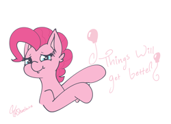 Size: 4400x3185 | Tagged: safe, artist:tkshoelace, derpibooru import, pinkie pie, earth pony, pony, g4, balloon, crayon, ear fluff, ears, eyelashes, holding, looking at you, simple background, smiling, solo, text, white background