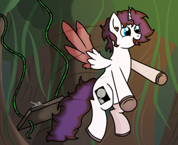 Size: 1232x1004 | Tagged: safe, artist:thomas.senko, derpibooru import, alicorn, blue eyes, commission, forest, happy, jungle, lianas, light skin, male, nature, smiling, spread wings, stallion, sunlight, swing, tree, wings, ych result