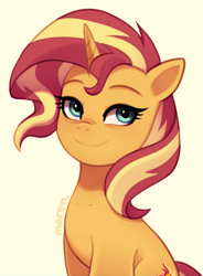 Size: 2437x3317 | Tagged: safe, artist:maren, derpibooru import, sunset shimmer, pony, unicorn, g4, eyelashes, female, high res, horn, looking at you, mare, sitting, smiling, solo