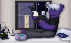 Size: 2069x1249 | Tagged: safe, artist:99999999000, derpibooru import, oc, oc only, oc:firearm king, earth pony, fish, aquarium, ar-15, assault rifle, boombox, chinese, clothes, food, gun, indoors, male, mid-autumn festival, moon, mooncake, night, phone, rifle, solo, weapon