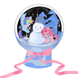 Size: 750x750 | Tagged: safe, artist:boheweidecaihong, derpibooru import, pinkie pie, rainbow dash, earth pony, pegasus, pony, clothes, duo, duo female, female, scarf, simple background, snow, snow globe, snowman, striped scarf, white background