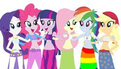 Size: 1022x583 | Tagged: safe, artist:jacob-van-antwerp, derpibooru import, applejack, fluttershy, pinkie pie, rainbow dash, rarity, twilight sparkle, human, equestria girls, g4, base used, belly, belly button, belly dance, belly dancer, belly dancer outfit, female, harem, harem outfit, humane five, humane six, simple background, white background