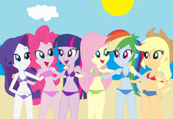 Size: 827x568 | Tagged: safe, artist:jacob-van-antwerp, derpibooru import, applejack, fluttershy, pinkie pie, rainbow dash, rarity, twilight sparkle, human, equestria girls, g4, base, base used, beach, bikini, clothes, humane five, humane six, swimsuit