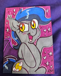 Size: 640x800 | Tagged: source needed, useless source url, safe, artist:marybellamy, derpibooru import, oc, oc:echo, bat pony, commission, markers, sketchcard, solo, traditional art