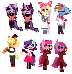 Size: 652x668 | Tagged: source needed, safe, artist:hoalyden, derpibooru import, applejack, fluttershy, pinkie pie, rainbow dash, rarity, twilight sparkle, earth pony, pegasus, pony, unicorn, g4, alastor, alcohol, angel dust (hazbin hotel), bottle, charlie morningstar, clothes, cosplay, costume, devil horns, drink, hat, hazbin hotel, hellaverse, horn, horns, husk (hazbin hotel), mane six, mop, niffty, pinkamena diane pie, simple background, top hat, vaggie, white background