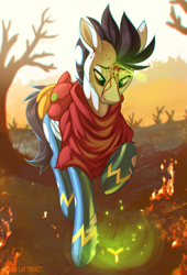 Size: 2035x3000 | Tagged: safe, artist:dripponi, artist:lattynskit, derpibooru import, big macintosh, soarin', burnt, clothes, crying, destruction, fanart, fire, outdoors, sad, teary eyes, uniform, wonderbolts, wonderbolts uniform