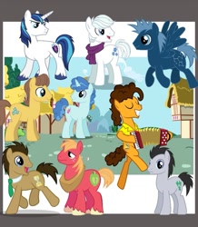 Size: 857x981 | Tagged: artist needed, safe, derpibooru import, big macintosh, caramel, cheese sandwich, doctor whooves, double diamond, lucky clover, party favor, shining armor, star hunter, earth pony, pegasus, pony, unicorn, g4, accordion, clothes, collage, horn, male, musical instrument, needs more jpeg, stallion