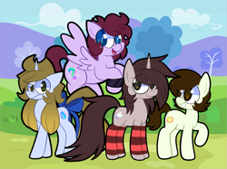 Size: 3947x2960 | Tagged: safe, artist:outlawquadrant, artist:saveraedae, derpibooru import, oc, oc only, oc:benjamane hoofington, oc:jonatrot hoofington, oc:kenning prance, oc:markey malarkey, earth pony, pegasus, pony, unicorn, blue fur, bow, clothes, crossover, gradient mane, green fur, grey fur, group photo, horn, leg warmers, outdoors, ponified, purple fur, ribbon, species swap, tail, tail bow, the mark side, wristband