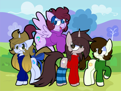 Size: 3947x2960 | Tagged: safe, artist:outlawquadrant, artist:saveraedae, derpibooru import, oc, oc only, oc:benjamane hoofington, oc:jonatrot hoofington, oc:kenning prance, oc:markey malarkey, earth pony, pegasus, pony, unicorn, blue fur, bow, clothes, crossover, gradient mane, green fur, grey fur, group photo, hoodie, horn, leg warmers, long sleeved shirt, long sleeves, male, outdoors, ponified, purple fur, shirt, species swap, sweater, tail, tail bow, the mark side