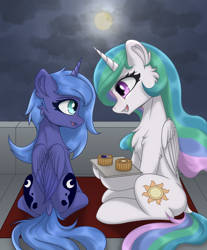 Size: 1200x1451 | Tagged: safe, artist:門久, derpibooru import, princess celestia, princess luna, alicorn, pony, g4, cloud, duo, duo female, female, food, mid-autumn festival, moon, mooncake, s1 luna