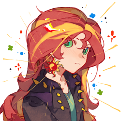 Size: 1000x1000 | Tagged: safe, artist:wumingshi61160, derpibooru import, sunset shimmer, human, equestria girls, g4, anime style, bust, clothes, humanized, jacket, red hair, simple background, solo, sunset shimmer is not amused, two toned hair, unamused, white background, yellow hair