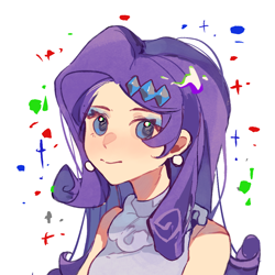 Size: 1000x1000 | Tagged: safe, artist:wumingshi61160, derpibooru import, human, equestria girls, g4, anime style, bust, ear piercing, earring, female, humanized, jewelry, piercing, purple hair, simple background, smiling, solo, white background