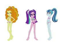 Size: 1172x782 | Tagged: safe, artist:jacob-van-antwerp, derpibooru import, adagio dazzle, aria blaze, sonata dusk, equestria girls, g4, base used, belly, belly button, bikini, clothes, female, simple background, swimsuit, trio, white background