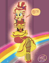 Size: 3500x4500 | Tagged: safe, artist:cpuknightx1, derpibooru import, sunset shimmer, human, dance magic, equestria girls, ballgag, bondage, bound and gagged, clothes, ear piercing, earring, equestria girls specials, flamenco dress, gag, high heels, jewelry, pantyhose, piercing, rope, shoes, solo, speech bubble, sunset shimmer flamenco dress, thought bubble, tied up