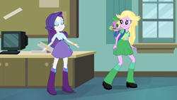 Size: 1280x720 | Tagged: safe, derpibooru import, screencap, rarity, spike, twilight sparkle, dog, human, equestria girls, g4, backpack, belt, boots, bracelet, clothes, computer, disguise, indoors, jewelry, my little pony equestria girls, shirt, shoes, skirt, spike the dog, trio, twilight strong